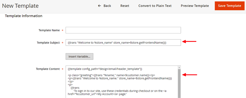 New Template Subject and Content Fields