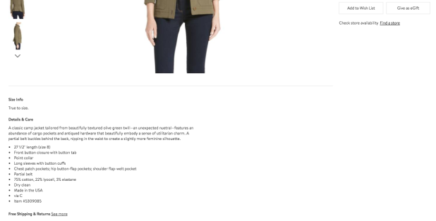 Nordstrom Return Policy on Product Page