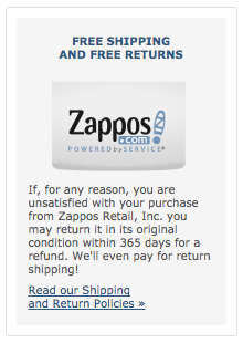 Zappos Returns Information on Cart Checkout Page