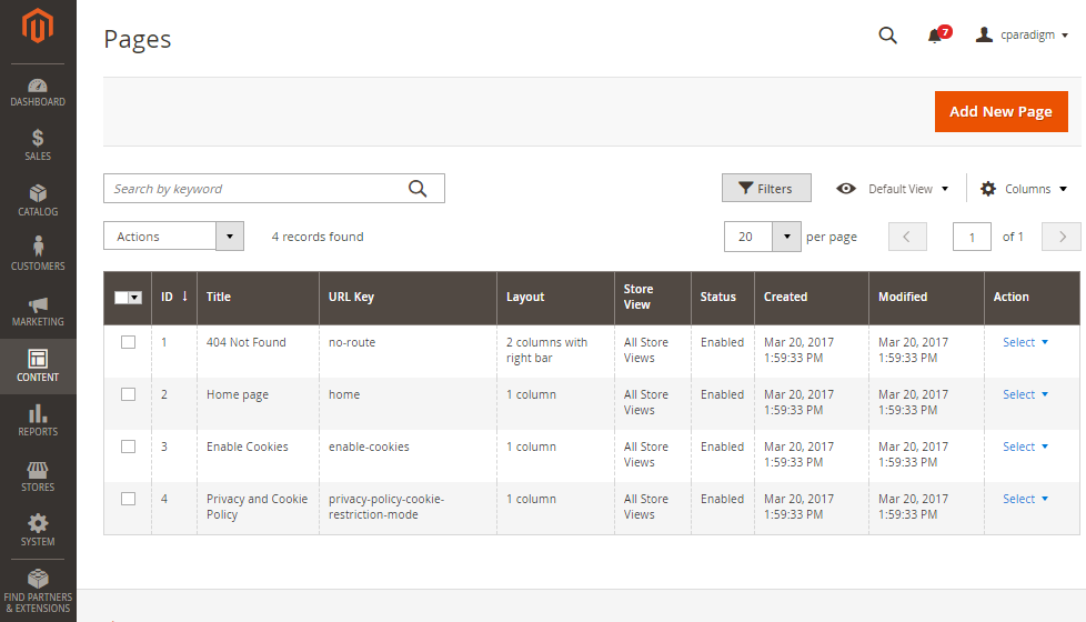 Magento 2 Pages Management Admin Screen