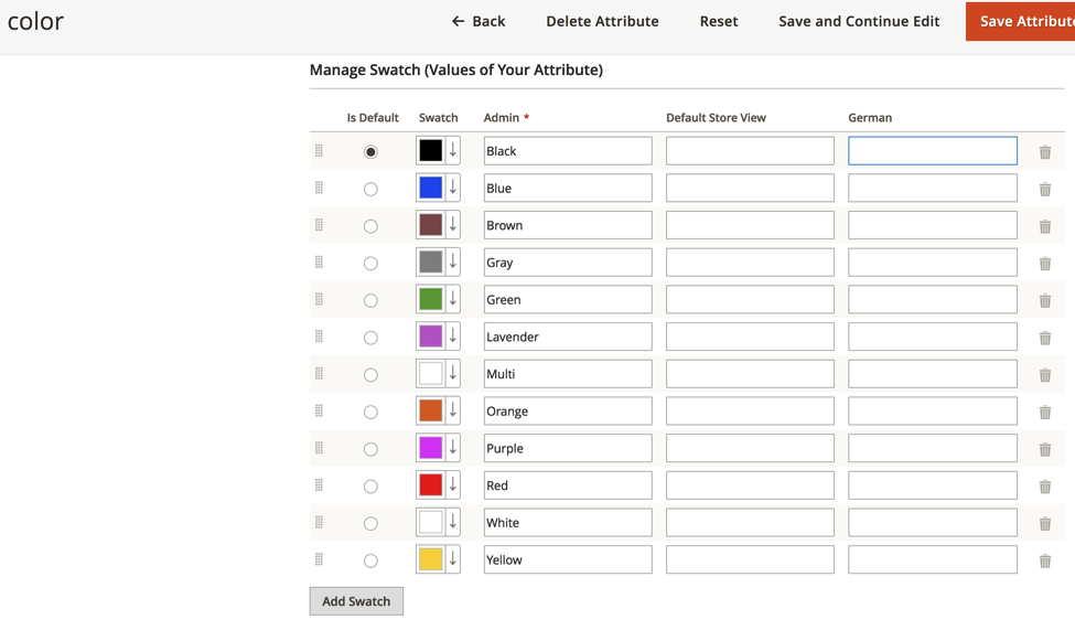 Editing Color Attributes for German Store View