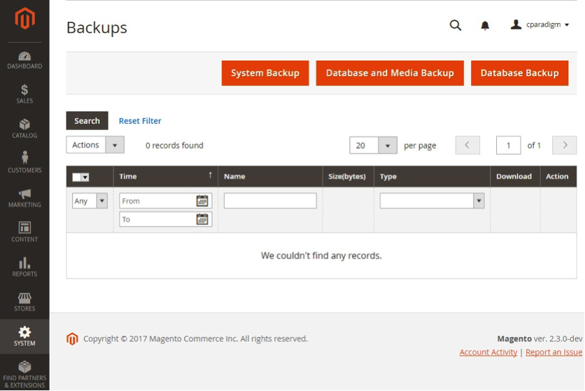 Magento 2 Backups Screen