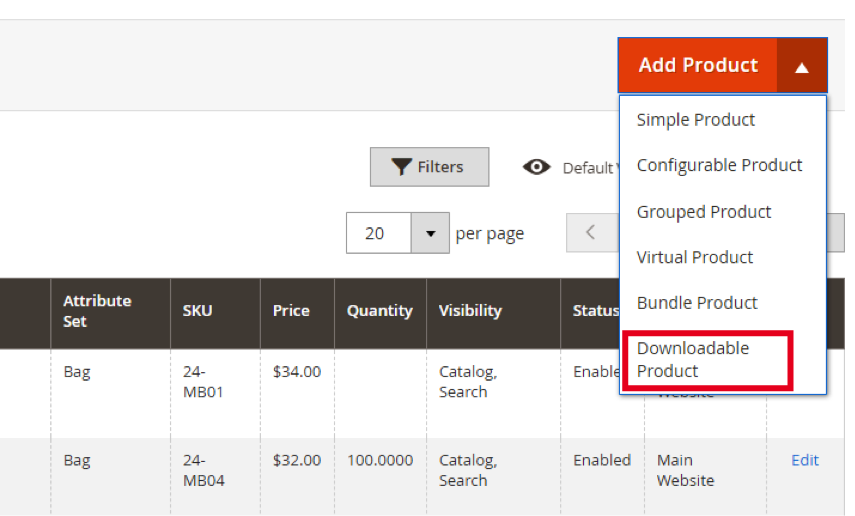 Add a Downloadable Product From the Dropdown Menu