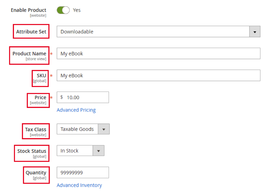 Fill out the new product fields