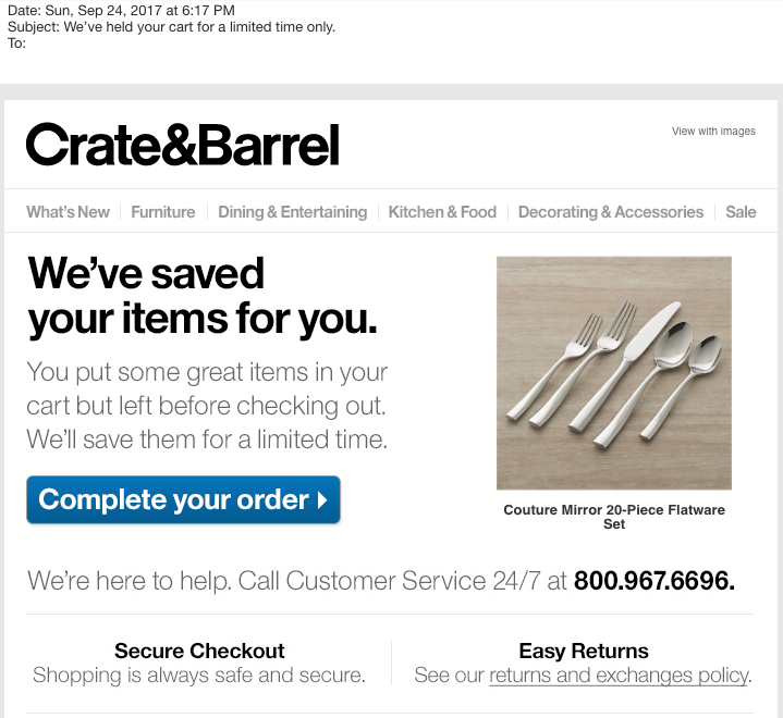 crate and barrel abandoned cart email with contact