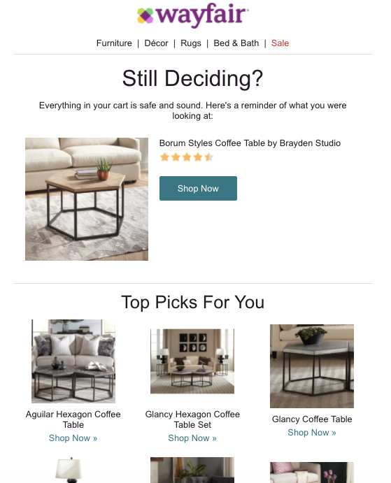 Wayfair Abandoned Cart Email with Personalization