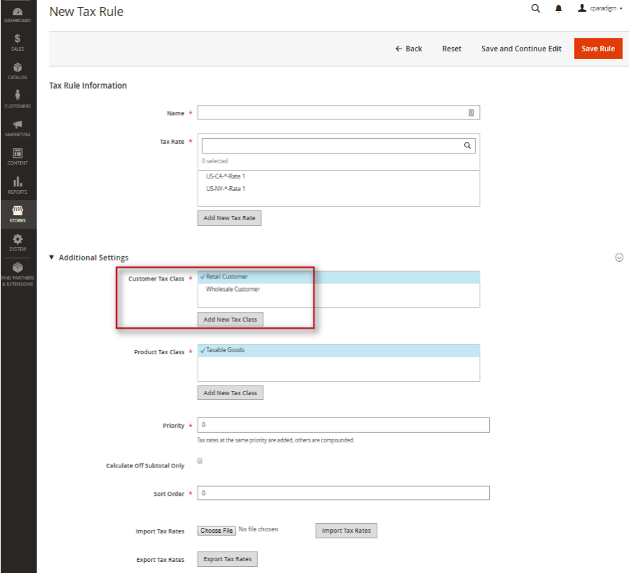 Add the customer group to your new or existing tax rule