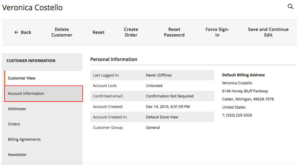 Customer Account Information Page in Magento 2