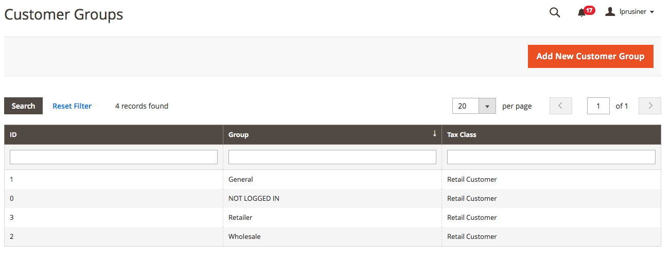 The default customer groups in Magento 2 on the Customer Group screen