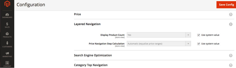 The Magento 2 layered navigation settings screen