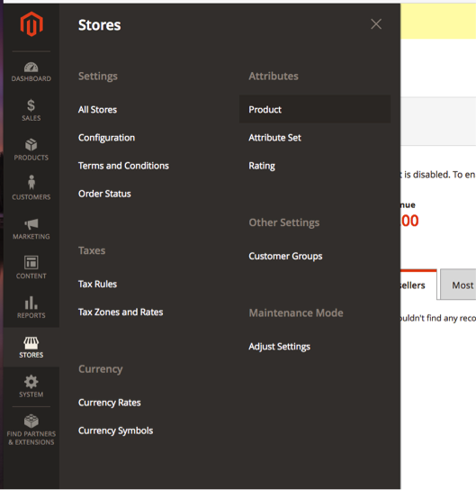 Magento 2 backend menu leading to product attributes