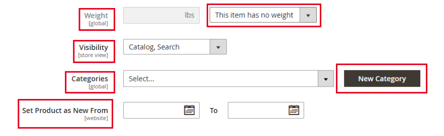 Virtual Product weight, Category, visibility 