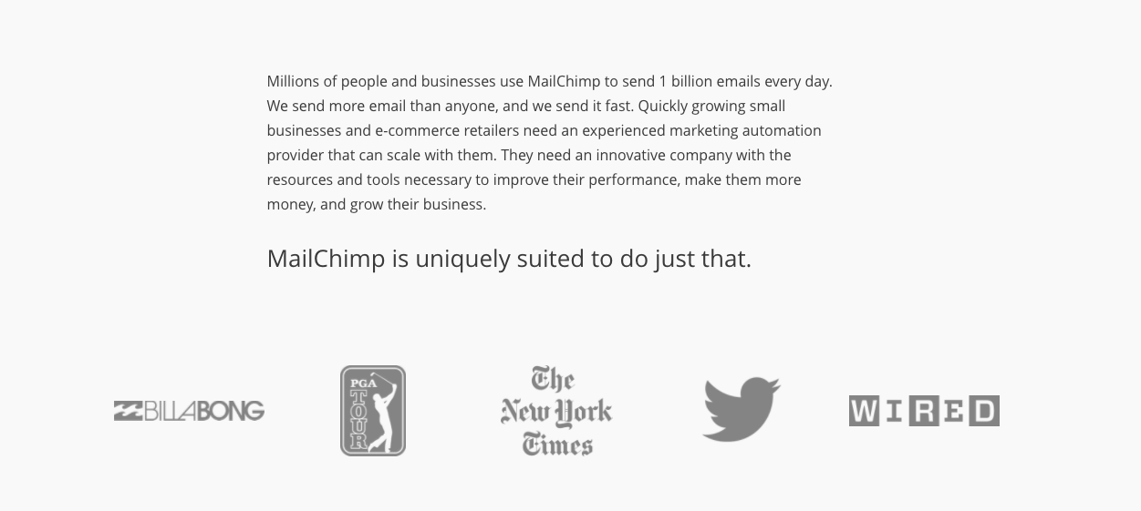 MailChimp shows off social proof in the form of statistics about their users