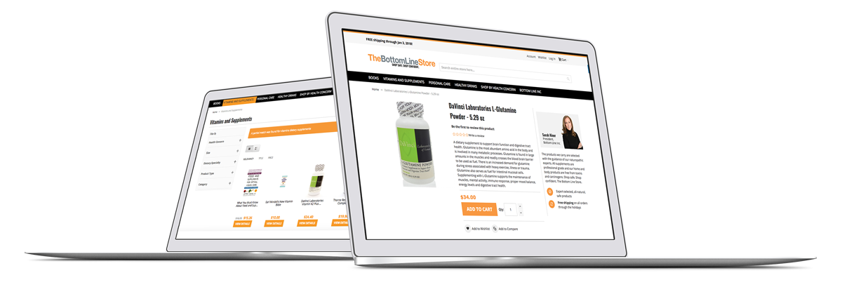bottomlinestore magento 2 redesign by customer paradigm bottomlinestore on two laptop screens
