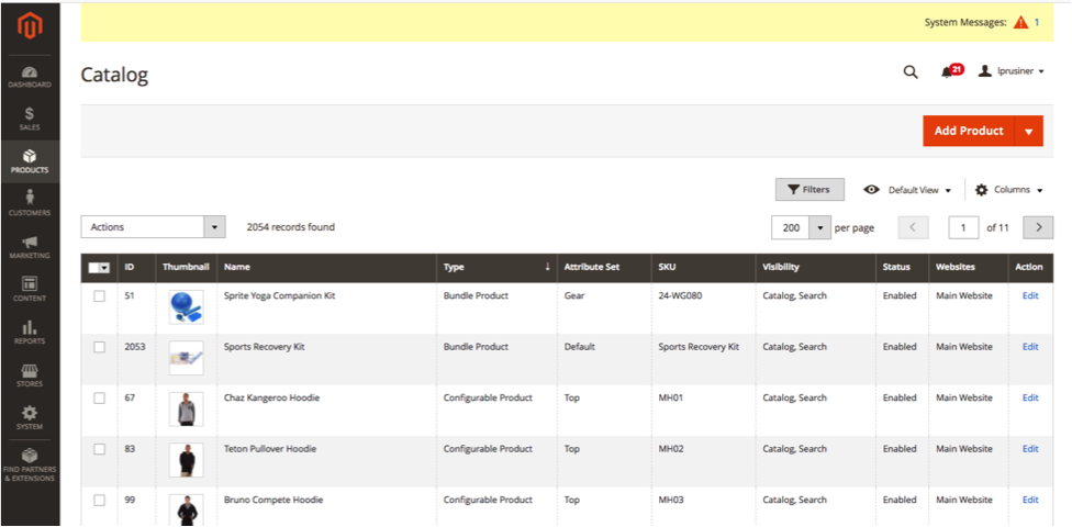 Catalog page with table of products on Magento 2