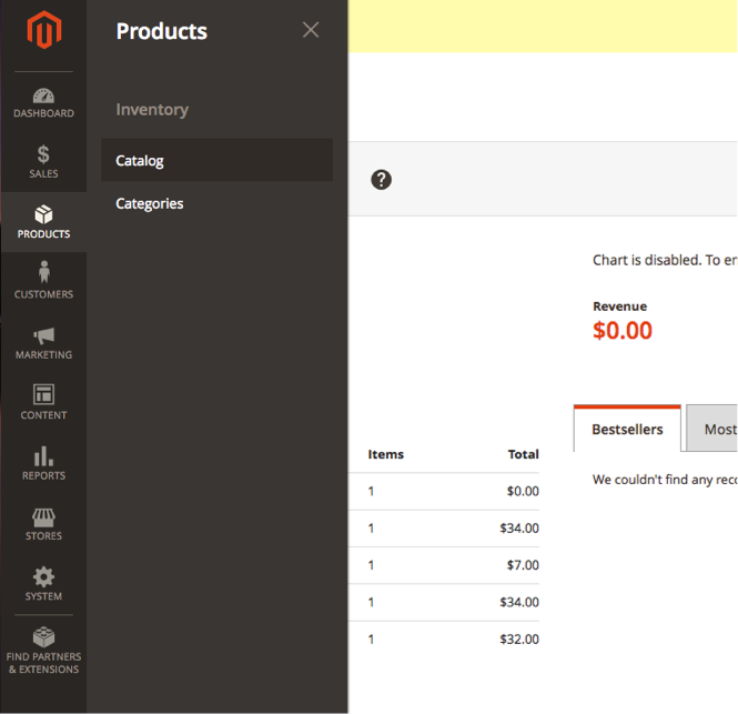 Magento 2 backend menu navigating to catalog