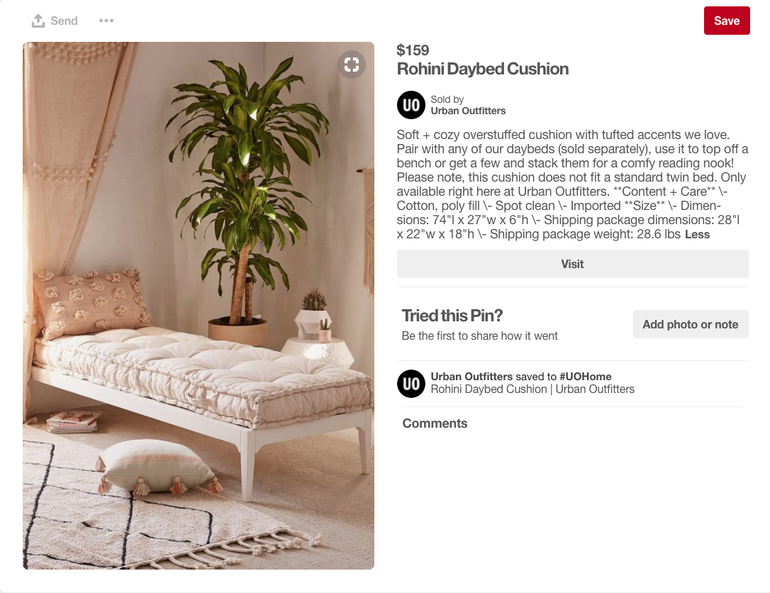 An Urban Outfitters product Pin with a photo of a tan daybed and a green potted plant