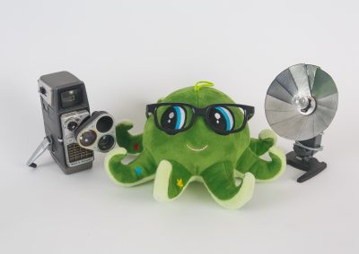 Green Octopus with vintage camera and flash