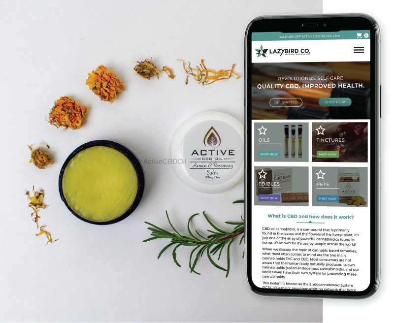 image of Lazy Bird site on Mobile phone over CBD product background
