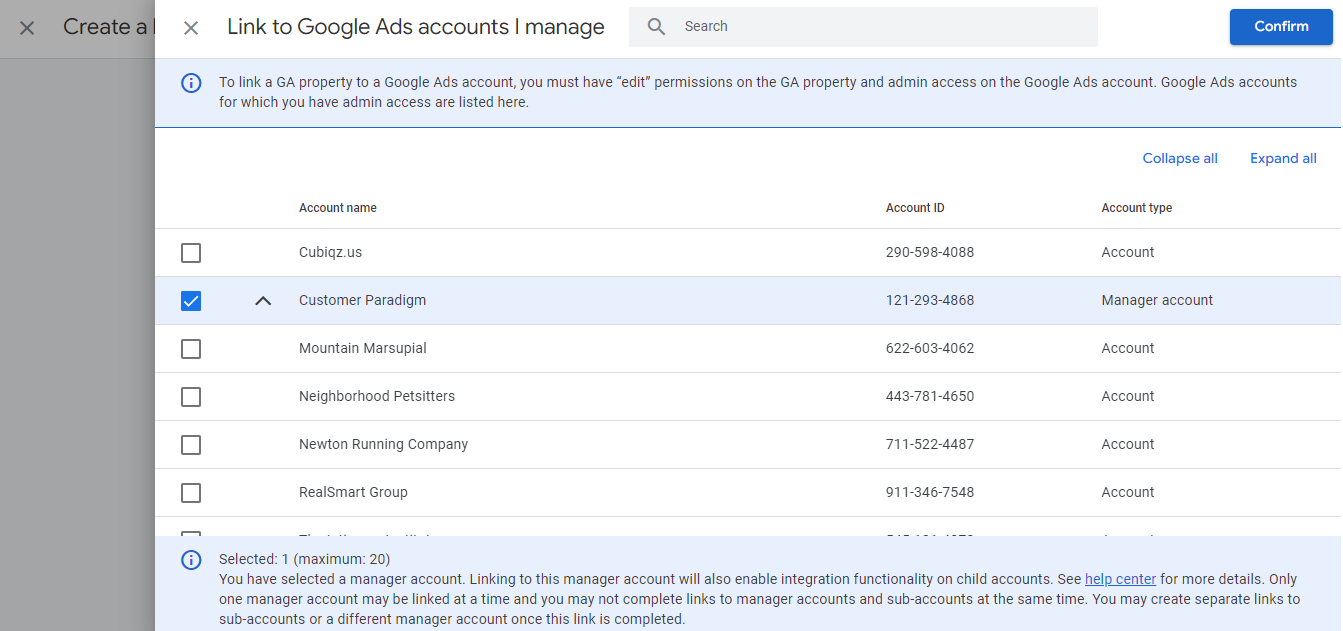 LINK TO GOOGLE ADS ACCOUNTS MANAGE