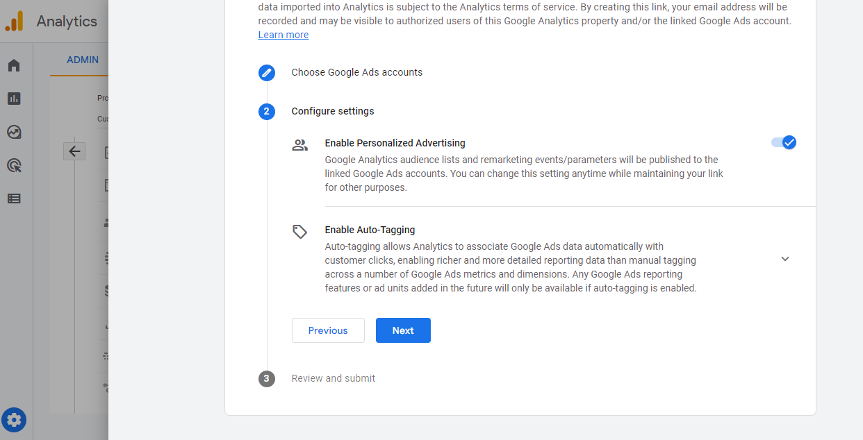 GOOGLE ADS CONFIGURE SETTINGS