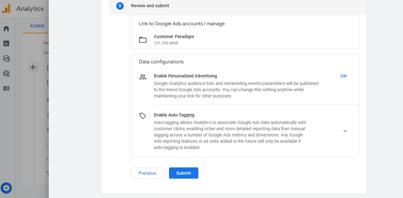 REVIEW AND SUBMIT TO LINK GOOGLE ADS TO GA4