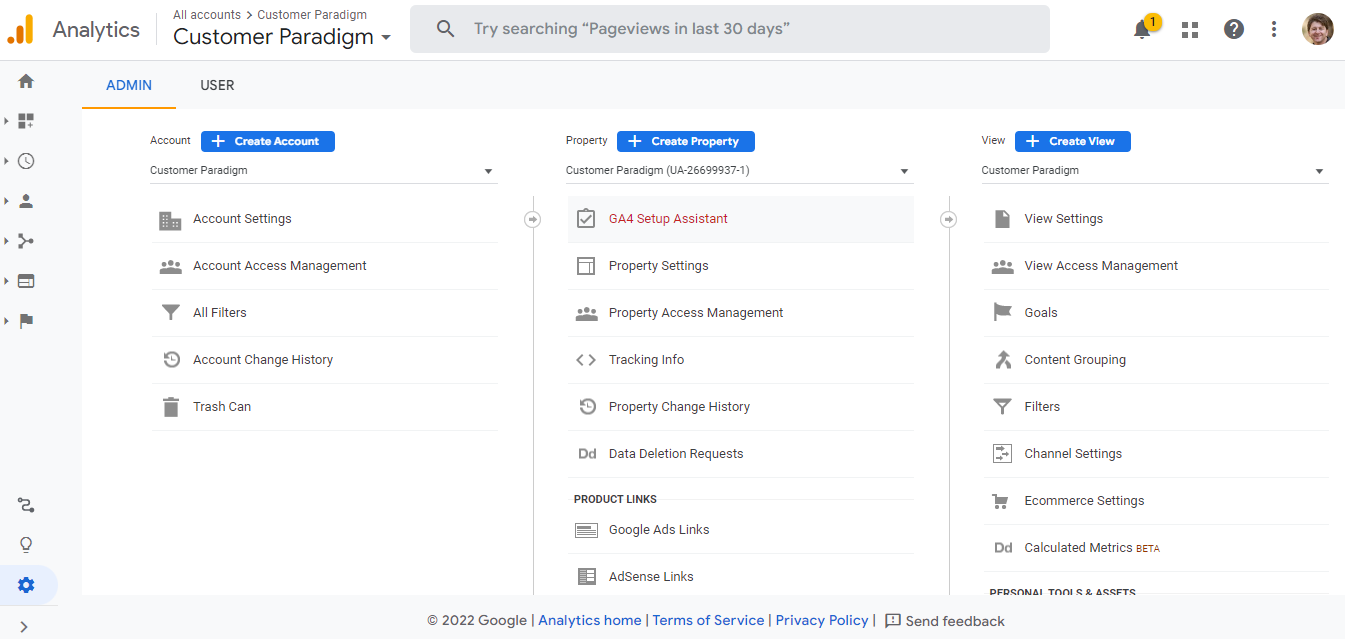 UNIVERSAL ANALYTICS ADMIN VIEW