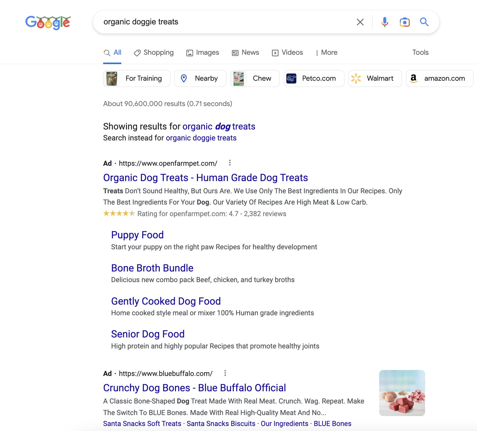 Google Search for Organic Dog Treats