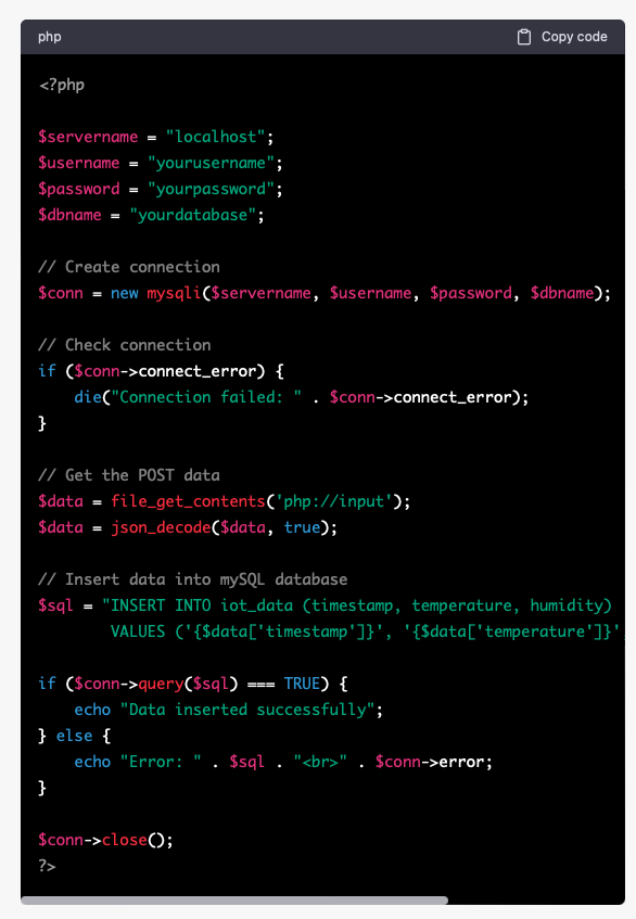 mySQL connection and iOT data example