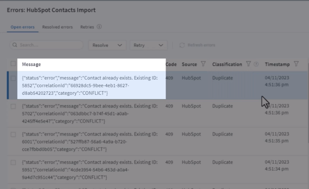 Celigo Duplicate Contact Error Example